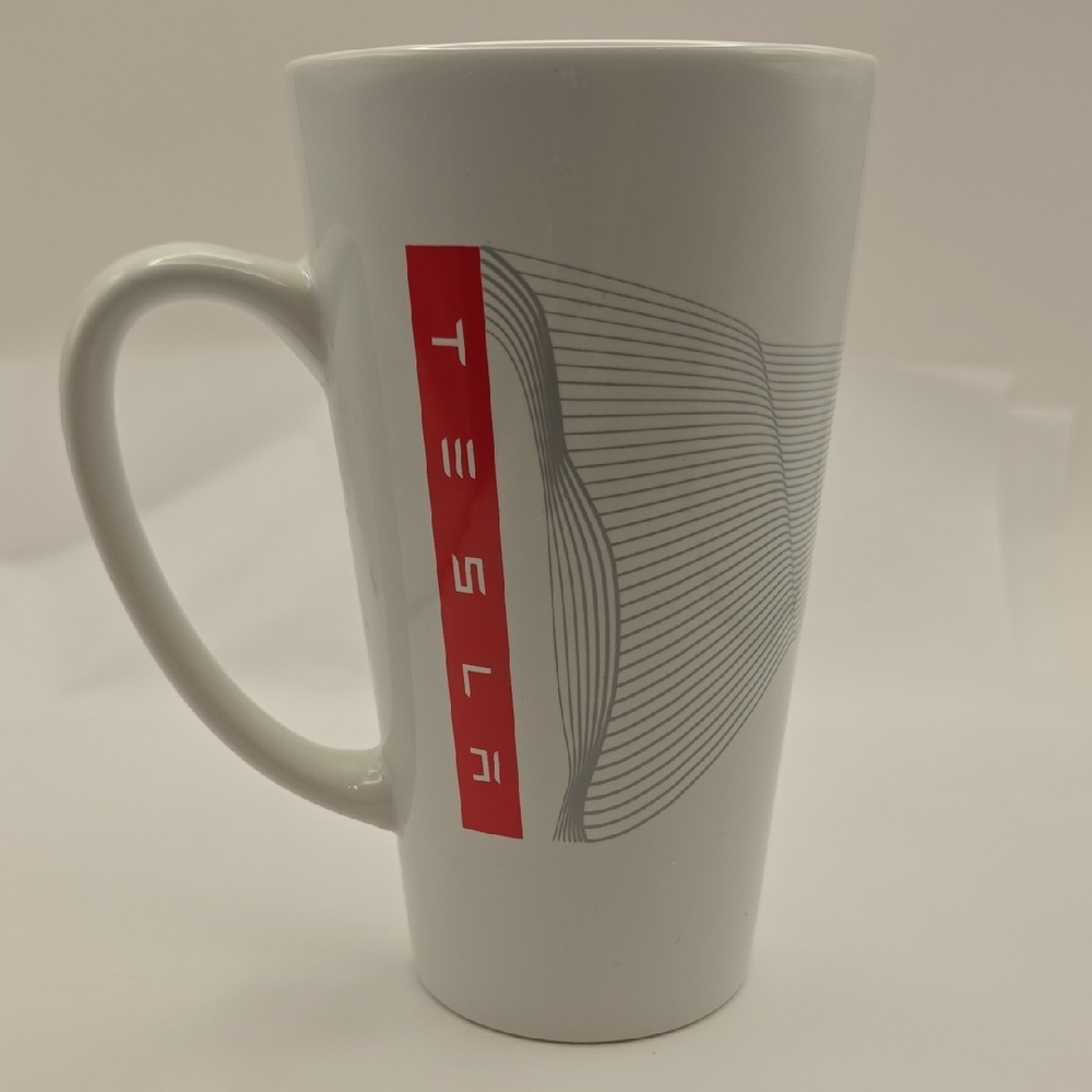 Authentic Tesla White Tall Mug with Red And Grey Accent